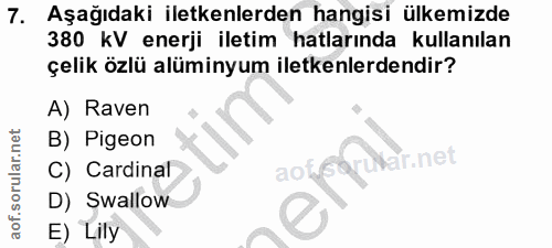 7. soru: Aşağıdaki iletkenlerden hangisi ülkemizde 380 kV enerji iletim hatlarında kullanılan çelik özlü alüminyum iletkenlerd…