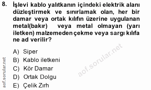 8. soru: İşlevi kablo yalıtkanın içindeki elektrik alanı düzleştirmek ve sınırlamak olan, her bir damar veya ortak kılıfın üze…
