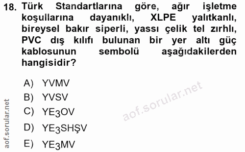 18. soru: Türk Standartlarına göre, ağır işletme koşullarına dayanıklı, XLPE yalıtkanlı, bireysel bakır siperli, yassı çelik te…