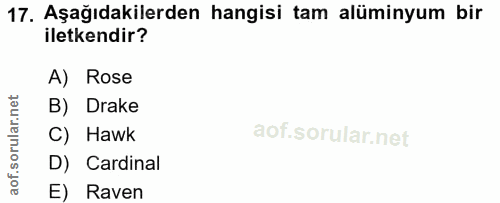 17. soru: Aşağıdakilerden hangisi tam alüminyum bir iletkendir? A) Rose B) Drake C) Hawk D) Cardinal E) Raven
