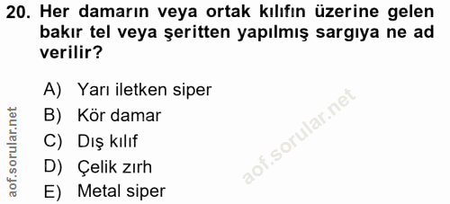 20. soru: Her damarın veya ortak kılıfın üzerine gelen bakır tel veya şeritten yapılmış sargıya ne ad verilir? A) Yarı iletken…