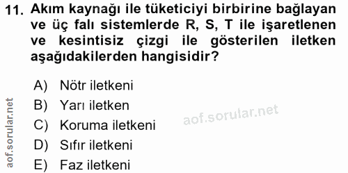 11. soru: Akım kaynağı ile tüketiciyi birbirine bağlayan ve üç falı sistemlerde R, S, T ile işaretlenen ve kesintisiz çizgi ile…