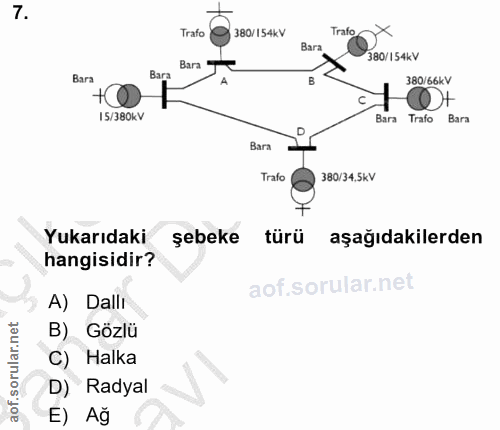 7. soru: Trafo X 380/154kV Trafo Bara 380/154kV Bara Bara Bara 380/66kV IS/380kV Bara Trafo Bara Bara Trafo 380/34.5kV Yukarıd…