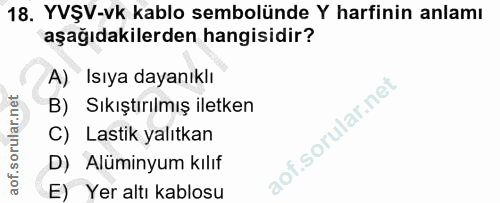 18. soru: YVŞV-vk kablo sembolünde Y harfinin anlamı aşağıdakilerden hangisidir? A) Isıya dayanıklı B) Sıkıştırılmış iletken C)…