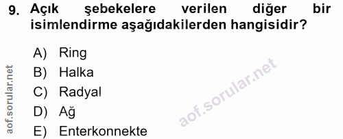 9. soru: Açık şebekelere verilen diğer bir isimlendirme aşağıdakilerden hangisidir? A) Ring B) Halka C) Radyal D) Ağ E) Enterk…