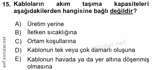 15. soru: Kabloların akım taşıma kapasiteleri aşağıdakilerden hangisine bağlı değildir? A) Uretim yerine B) İletken sıcaklığına…