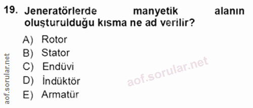19. soru: Jeneratörlerde manyetik alanın oluşturulduğu kısma ne ad verilir? A) Rotor lar.net B) Stator C) Endüvi D) İndüktör ao…
