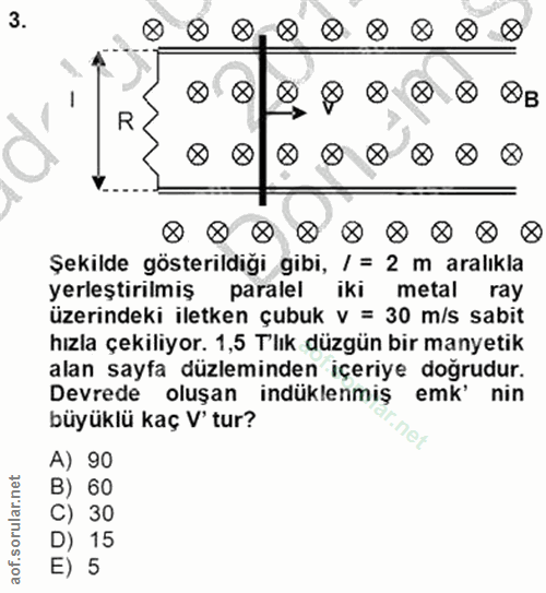 3. soru: 8 8 8 8888в R 8 V.. Şekilde gösterildiği gibi, / = 2 m aralıkla yerleştırilmiş paralel iki metal ray üzerindeki iletk…
