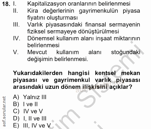18. soru: I. Kapitalizasyon oranlarının belirlenmesi II. Kira değerlerinin gayrimenkulün piyasa fiyatını oluşturması IlI. Varlı…
