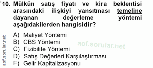 10. soru: Mülkün satış fiyatı ve kira beklentisi arasındaki ilişkiyi yansıtması temeline dayanan değerleme yöntemi aşağıdakiler…