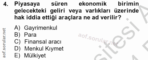 4. soru: Piyasaya süren ekonomik birimin gelecekteki geliri veya varlıkları üzerinde hak iddia ettiği araçlara ne ad verilir?…