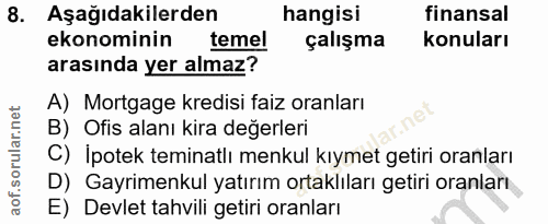 8. soru: Aşağıdakilerden hangisi finansal ekonominin temel çalışma konuları arasında yer almaz? A) Mortgage kredisi faiz oranl…