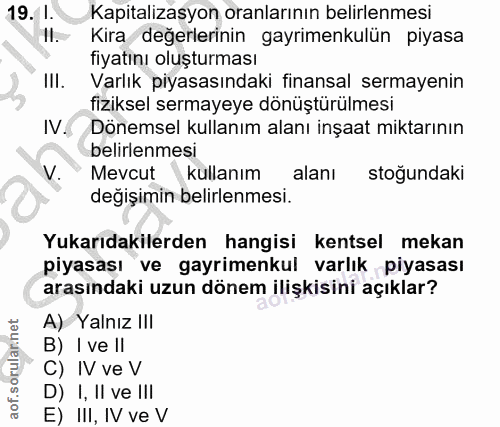 19. soru: 1. Kapitalizasyon oranlarının belirlenmesi Kira değerlerinin gayrimenkulün piyasa fiyatını oluşturması Ii. Varlık piy…