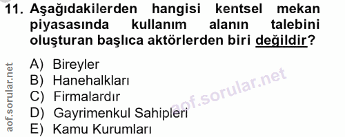11. soru: Aşağıdakilerden hangisi kentsel mekan piyasasında kullanım alanın talebini oluşturan başlıca aktörlerden biri değildi…