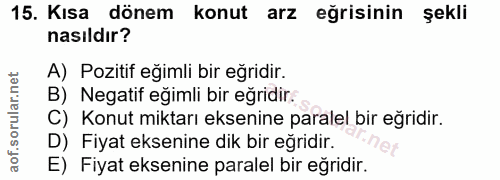 15. soru: Kısa dönem konut arz eğrisinin şekli nasıldır? A) Pozitif eğimli bir eğridir. B) Negatif eğimli bir eğridir. C) Konut…