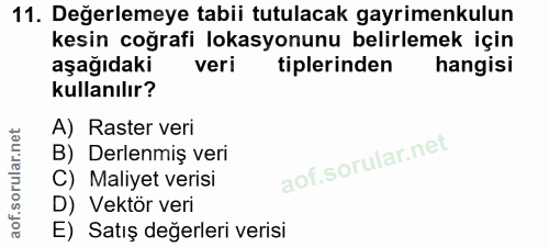 11. soru: Değerlemeye tabii tutulacak gayrimenkulun kesin coğrafi lokasyonunu belirlemek için aşağıdaki veri tiplerinden hangis…