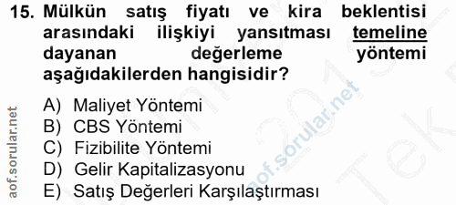 15. soru: Mülkün satiş fiyatı ve kira beklentisi arasındaki ilişkiyi yansıtması temeline dayanan değerleme yöntemi aşağıdakiler…
