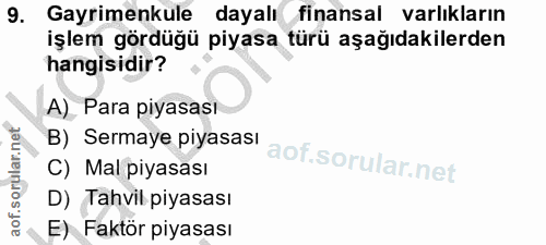 9. soru: Gayrimenkule dayalı finansal varlıkların işlem gördüğü piyasa türü aşağıdakilerden hangisidir? A) Para piyasası B) Se…