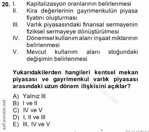 20. soru: 1. Kapitalizasyon oranlarının belirlenmesi II. Kira değerlerinin gayrimenkulün piyasa fiyatını oluşturması III. Varlı…