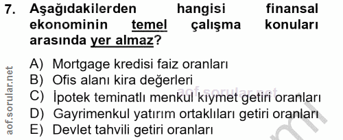 7. soru: Aşağıdakilerden hangisi finansal ekonominin temel çalışma konuları arasında yer almaz? A) Mortgage kredisi faiz oranl…