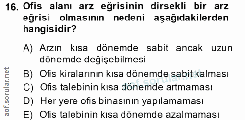 16. soru: Ofis alanı arz eğrisinin dirsekli bir arz eğrisi olmasının nedeni aşağıdakilerden hangisidir? A) Arzın kısa dönemde s…