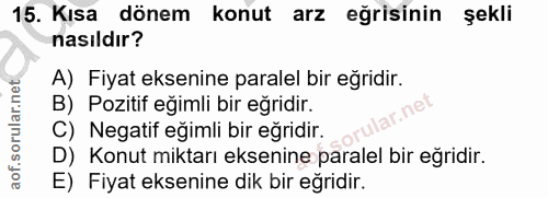 15. soru: Kısa dönem konut arz eğrisinin şekli nasıldır? A) Fiyat eksenine paralel bir eğridir. B) Pozitif eğimli bir eğridir.…