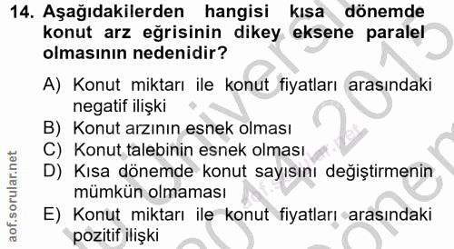 14. soru: Aşağıdakilerden hangisi kısa dönemde konut arz eğrisinin dikey eksene paralel olmasının nedenidir? A) Konut miktarı i…