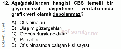 12. soru: Aşağıdakilerden hangisi CBS temelli bir gayrimenkul değerleme veritabanında grafik veri olarak depolanmaz? A) Ofis bi…