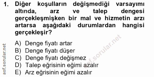 1. soru: Diğer koşulların değişmediği varsayımı altında, arz ve talep dengesi gerçekleşmişken bir mal ve hizmetin arzı artarsa…