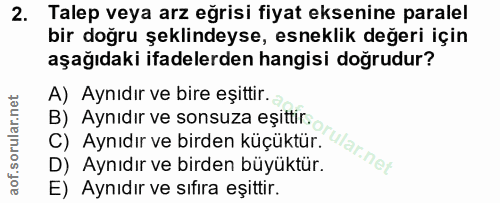 2. soru: Talep veya arz eğrisi fiyat eksenine paralel bir doğru şeklindeyse, esneklik değeri için aşağıdaki ifadelerden hangis…