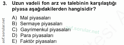 3. soru: Uzun vadeli fon arz ve talebinin karşılaştığı piyasa aşağıdakilerden hangisidir? A) Mal piyasaları C) Gayrimenkul piy…