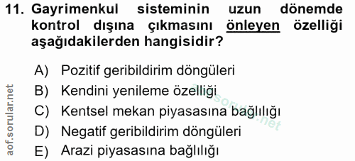 11. soru: Gayrimenkul sisteminin uzun dönemde kontrol dışına çıkmasını önleyen özelliği aşağıdakilerden hangisidir? A) Pozitif…