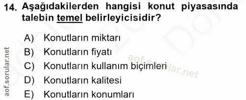 14. soru: Aşağıdakilerden hangisi konut piyasasında talebin temel belirleyicisidir? A) Konutların miktarı B) Konutların fiyatı…