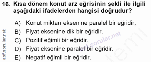 16. soru: Kısa dönem konut arz eğrisinin şekli ile ilgili aşağıdaki ifadelerden hangisi doğrudur? A) Konut miktarı eksenine par…