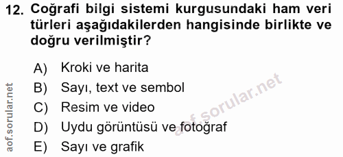 12. soru: Coğrafi bilgi sistemi kurgusundaki ham veri türleri aşağıdakilerden hangisinde birlikte ve doğru verilmiştir? A) Krok…