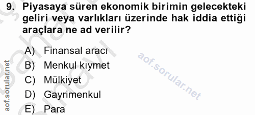 9. soru: Piyasaya süren ekonomik birimin gelecekteki geliri veya varlıkları üzerinde hak iddia ettiği araçlara ne ad verilir?…
