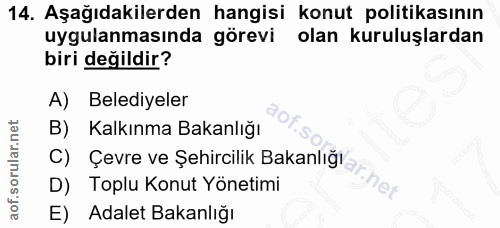 14. soru: Aşağıdakilerden hangisi konut politikasının uygulanmasında görevi olan kuruluşlardan biri değildir? A) Belediyeler B)…