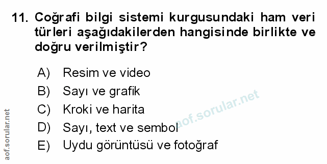 11. soru: Coğrafi bilgi sistemi kurgusundaki ham veri türleri aşağıdakilerden hangisinde birlikte ve dogru verilmiştir? A) Resi…