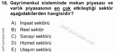 18. soru: Gayrimenkul sisteminde mekan piyasası ve varlık piyasasının en çok etkileştiği sektör aşağıdakilerden hangisidir? A)…