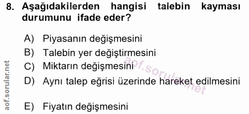 8. soru: Aşağıdakilerden hangisi talebin kayması durumunu ifade eder? A) Piyasanın değişmesini B) Talebin yer değiştirmesini C…