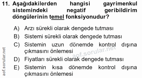 11. soru: Aşağıdakilerden hangisi gayrimenkul sistemindeki negatif geribildirim döngülerinin temel fonksiyonudur? A) Arzı sürek…