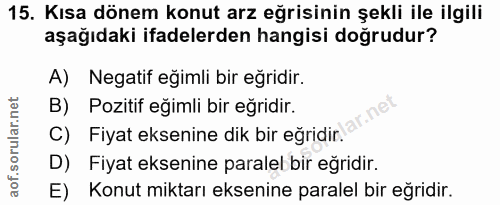 15. soru: Kısa dönem konut arz eğrisinin şekli ile ilgili aşağıdaki ifadelerden hangisi doğrudur? A) Negatif egimli bir eğridir…