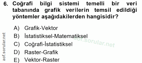 6. soru: Coğrafi bilgi sistemi temelli bir veri tabanında grafik verilerin temsil edildiği yöntemler aşağıdakilerden hangisidi…