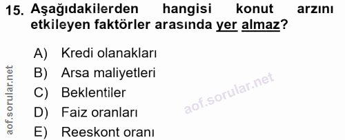 15. soru: Aşağıdakilerden hangisi konut arzını etkileyen faktörler arasında yer almaz? A) Kredi olanakları B) Arsa maliyetleri…