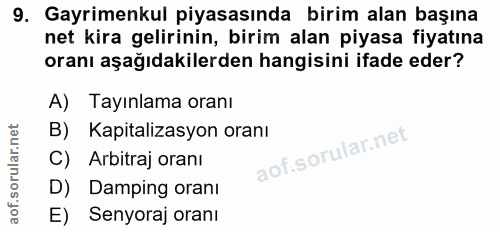 9. soru: Gayrimenkul piyasasında birim alan başına net kira gelirinin, birim alan piyasa fiyatına oranı aşağıdakilerden hangis…