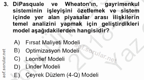 3. soru: DiPasquale ve Wheaton'in, gayrimenkul sisteminin işleyişini özetlemek ve sistem içinde yer alan piyasalar arası ilişk…