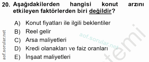 20. soru: Aşağıdakilerden hangisi konut arzını etkileyen faktörlerden biri değildir? A) Konut fiyatları ile ilgili beklentiler…