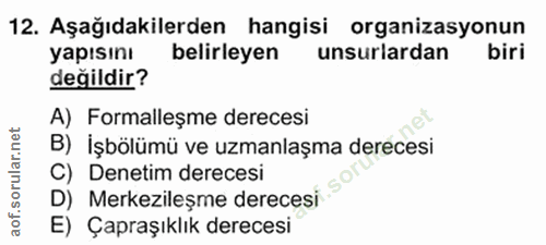 12. soru: Aşağıdakilerden hangisi organizasyonun yapısını belirleyen unsurlardan biri değildir? A) Formalleşme derecesi B) İşbö…