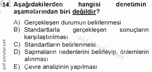 14. soru: Aşağıdakilerden hangisi denetimin aşamalarından biri değildir? A) Gerçekleşen durumun belirlenmesi B) Standartlarla g…