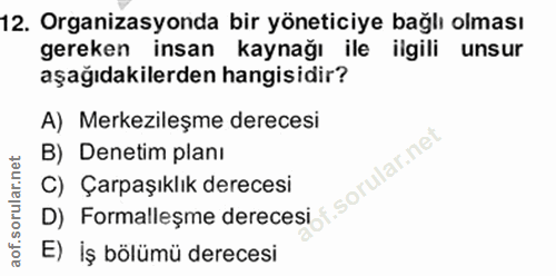 12. soru: Organizasyonda bir yöneticiye bağlı olması gereken insan kaynağı ile ilgili unsur aşağıdakilerden hangisidir? A) Merk…